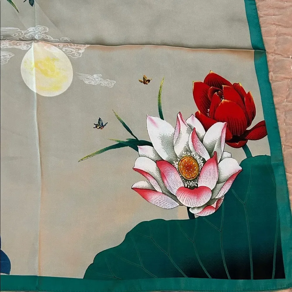 Floral scarf with green and gray lotus Design